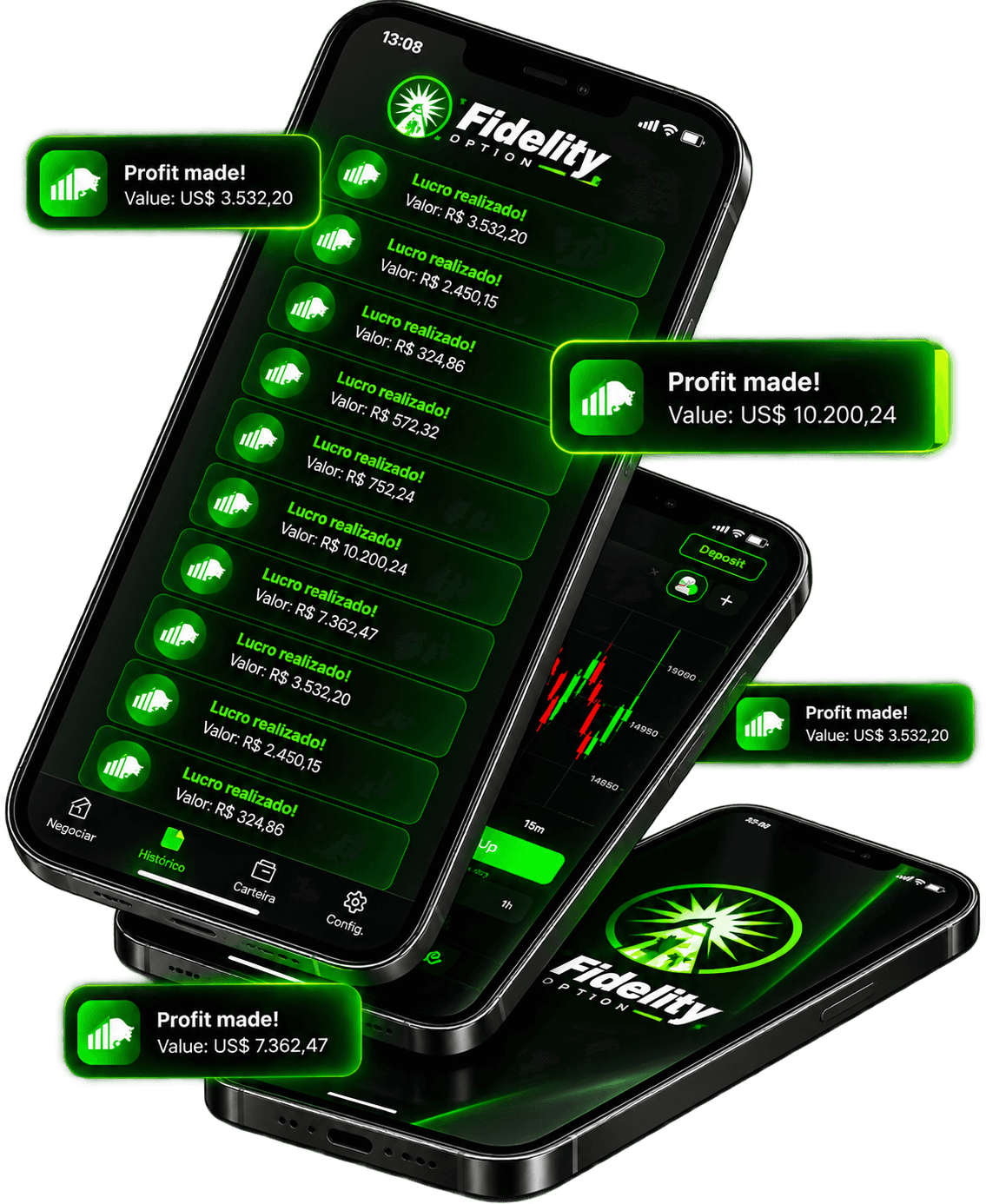 Aplicativo Fidelity Option exibindo histórico de lucros e plataforma de negociação